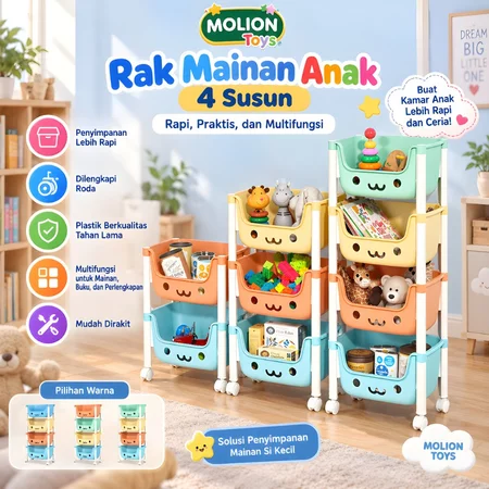 Rak Mainan Anak 4 Susun MOLION TOYS Q2-8804 – Rak Plastik Roda untuk Mainan & Buku