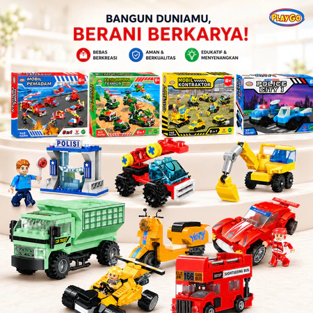 Mainan Playgo Lego (221 Pieces) Building Blocks for Kids Tim Polisi Construction Vespy Truk Series Retro Series Retro Series